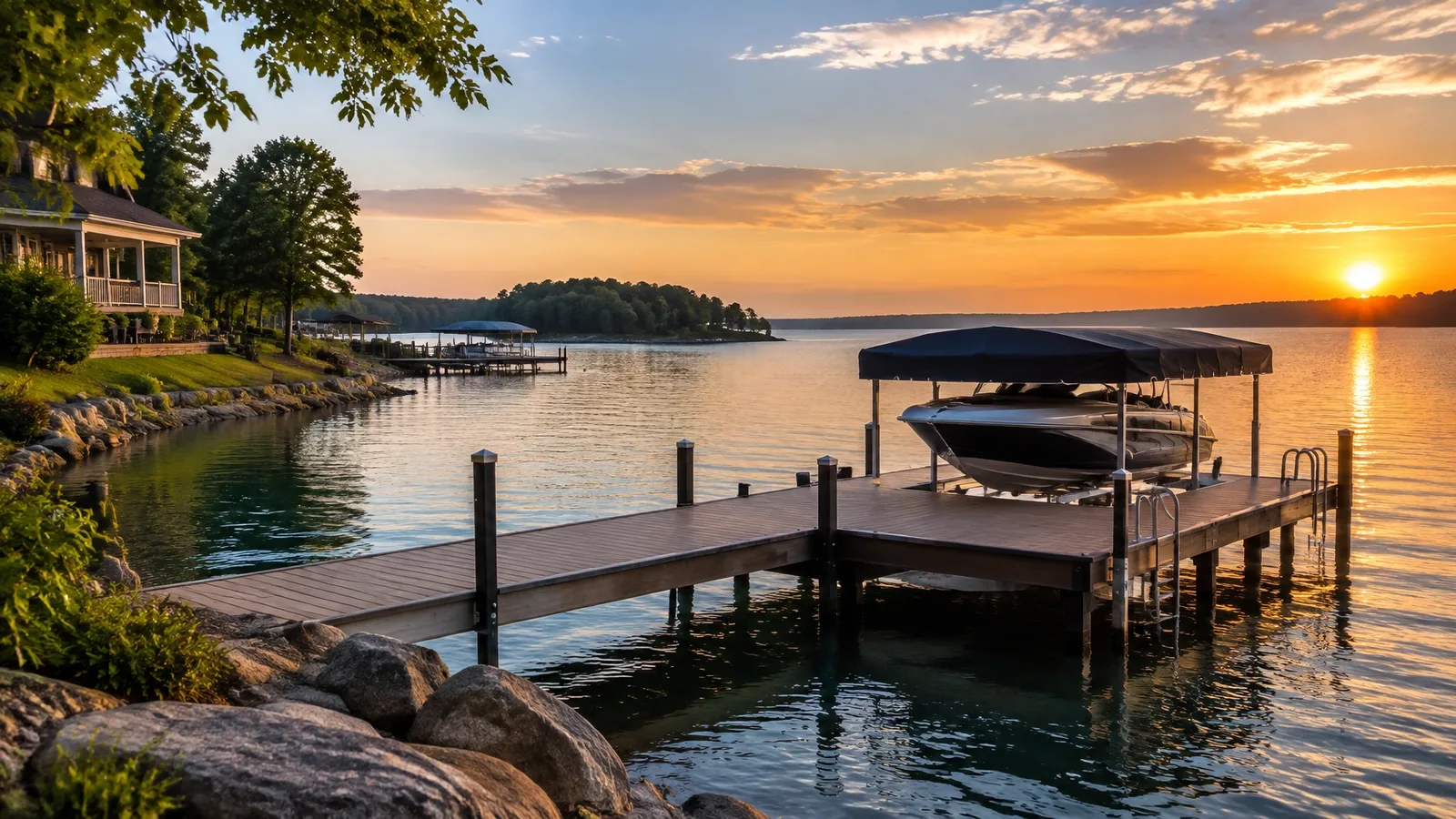 Lake Norman dock with a covered boat lift over calm water at sunset
